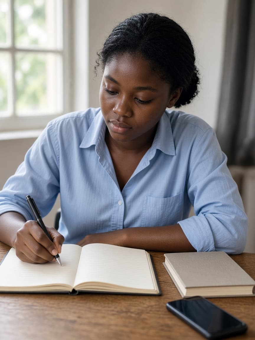 A young student writing in a notebook at a desk